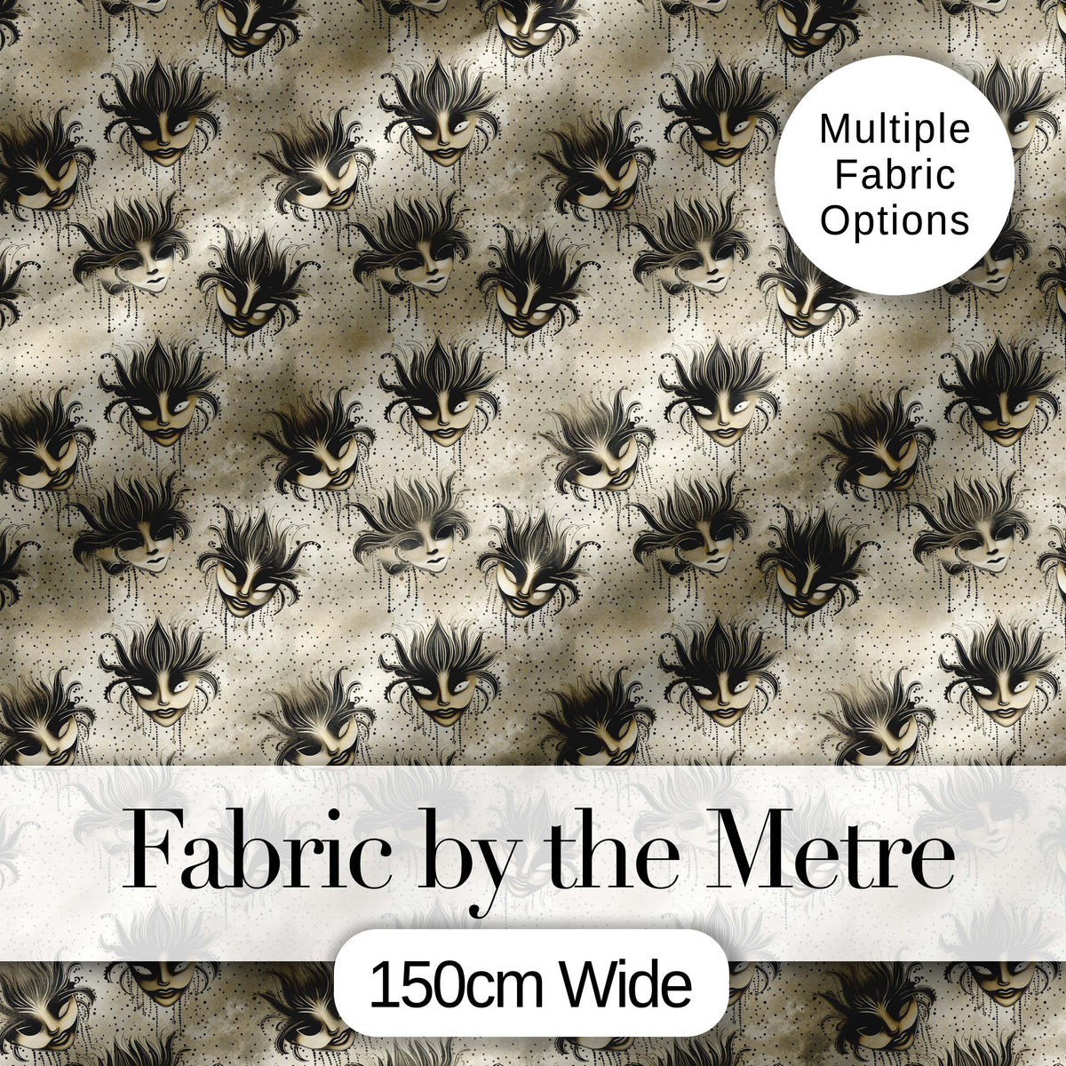 Vintage Sepia Toned Venetian Masks with Artistic Texture Seamless Pattern Digital Print Fabric by the Metre UK Sewing Quilting Textile