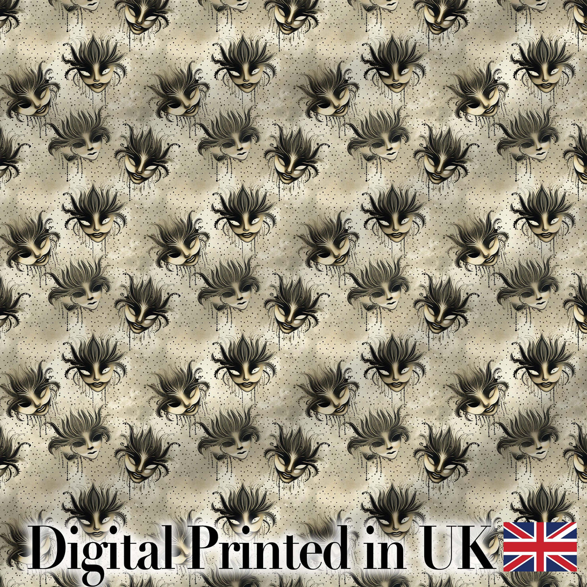 Vintage Sepia Toned Venetian Masks with Artistic Texture Seamless Pattern Digital Print Fabric by the Metre UK Sewing Quilting Textile