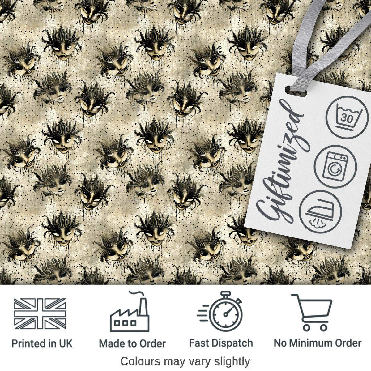 Vintage Sepia Toned Venetian Masks with Artistic Texture Seamless Pattern Digital Print Fabric by the Metre UK Sewing Quilting Textile