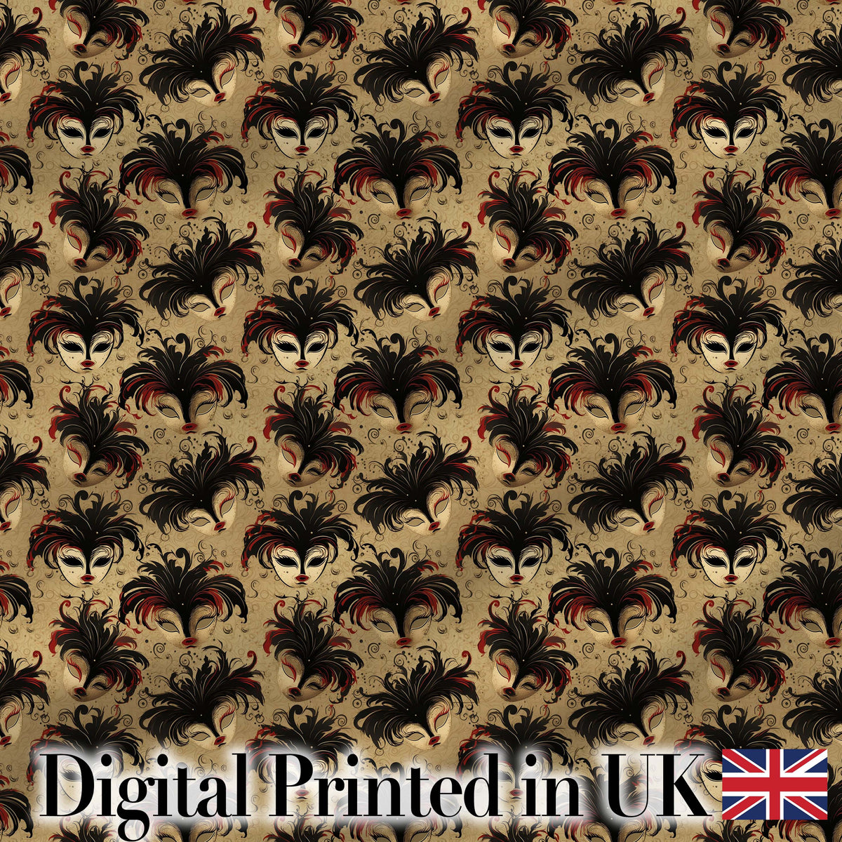 Vintage Red and Black Feathered Masks on Antique Background Seamless Pattern Digital Print Fabric by the Metre UK Sewing Quilting Textile