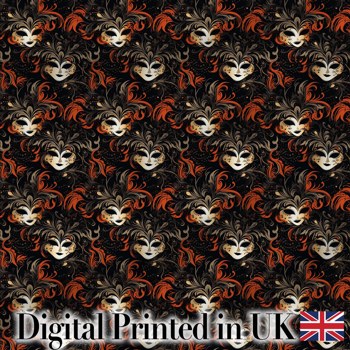 Dark Elegant Masquerade Masks with Orange Feathers on Black Seamless Pattern Digital Print Fabric by the Metre UK Sewing Quilting Textile