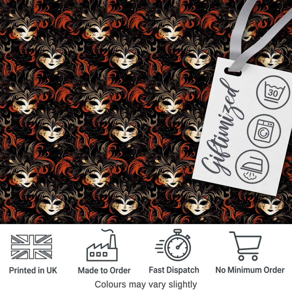 Dark Elegant Masquerade Masks with Orange Feathers on Black Seamless Pattern Digital Print Fabric by the Metre UK Sewing Quilting Textile