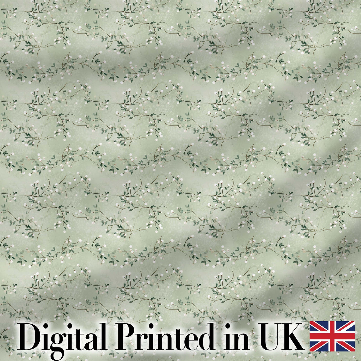 Delicate Green Botanical Branches with White Berries Seamless Pattern Digital Print Fabric by the Metre UK Sewing Quilting Textile