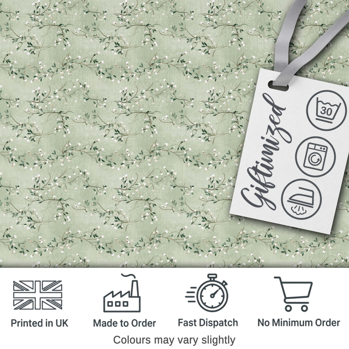 Delicate Green Botanical Branches with White Berries Seamless Pattern Digital Print Fabric by the Metre UK Sewing Quilting Textile