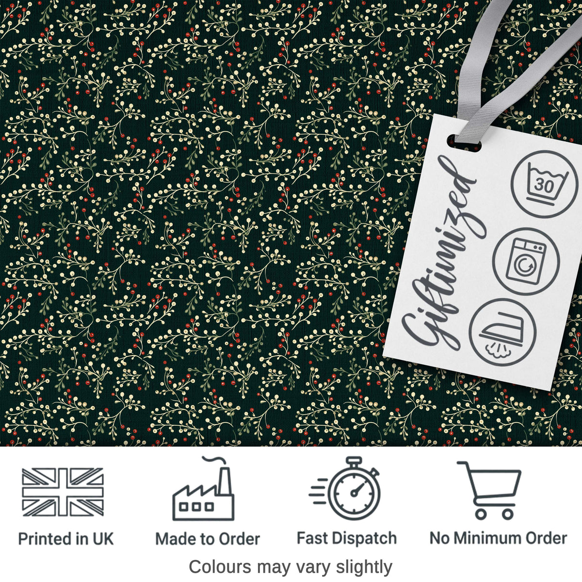Festive Holly Berry Branches on Deep Green Background Seamless Pattern Digital Print Fabric by the Metre UK Sewing Quilting Textile