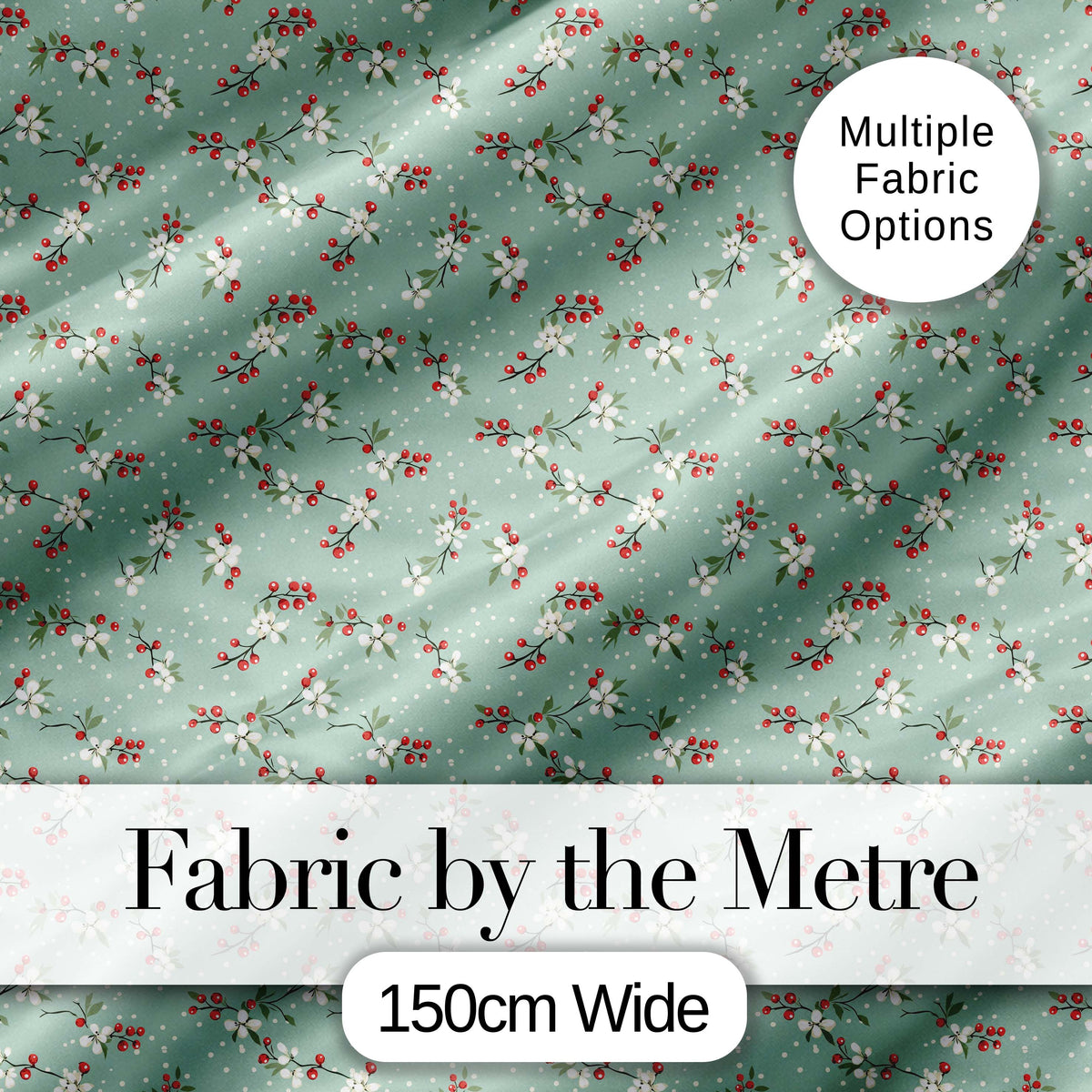 Light Blue Floral and Berry Branch Pattern with Soft Dots Seamless Digital Print Fabric by the Metre UK Sewing Quilting Textile