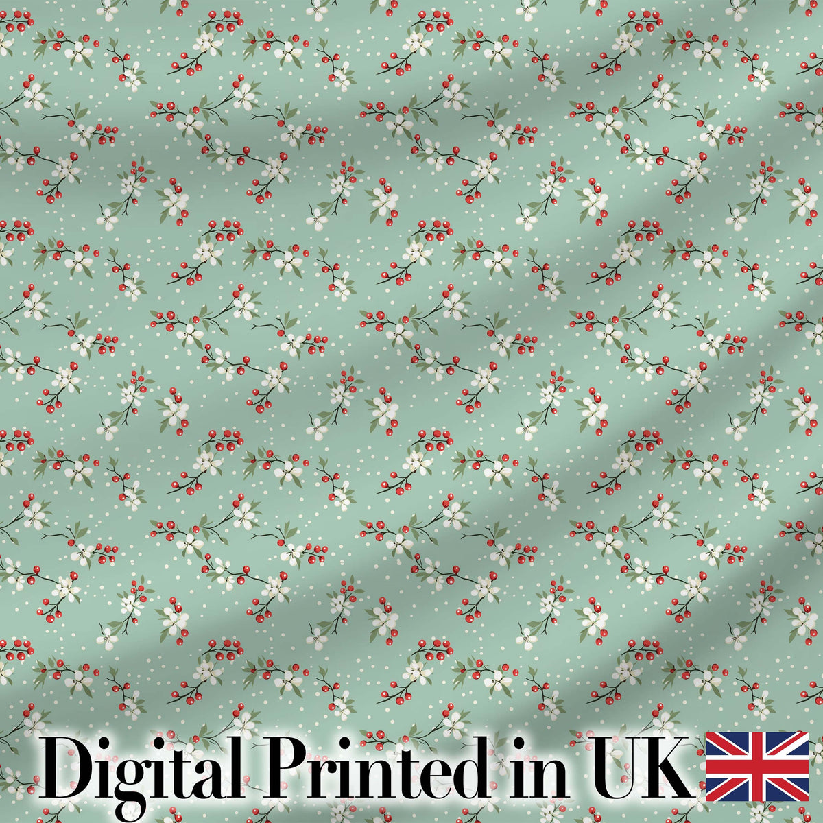 Light Blue Floral and Berry Branch Pattern with Soft Dots Seamless Digital Print Fabric by the Metre UK Sewing Quilting Textile