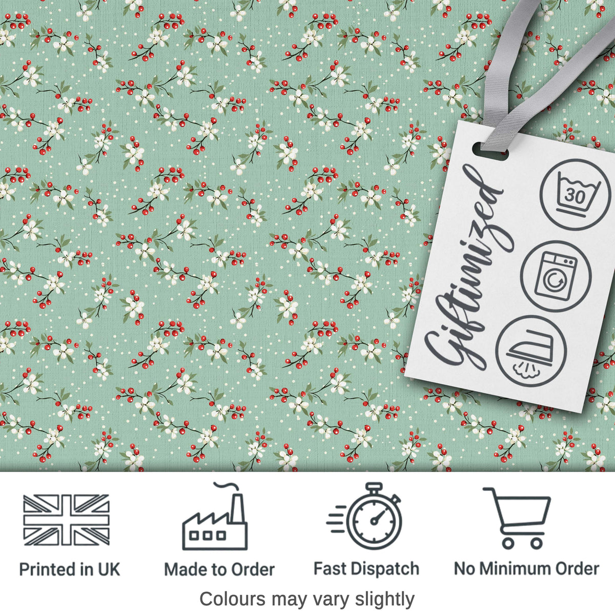 Light Blue Floral and Berry Branch Pattern with Soft Dots Seamless Digital Print Fabric by the Metre UK Sewing Quilting Textile