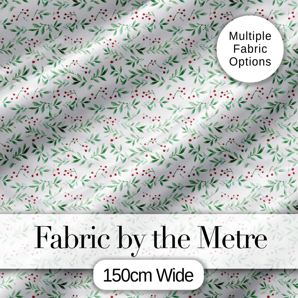 Watercolor Green Leaves and Red Berry Seamless Botanical Pattern Digital Print Fabric by the Metre UK Sewing Quilting Textile