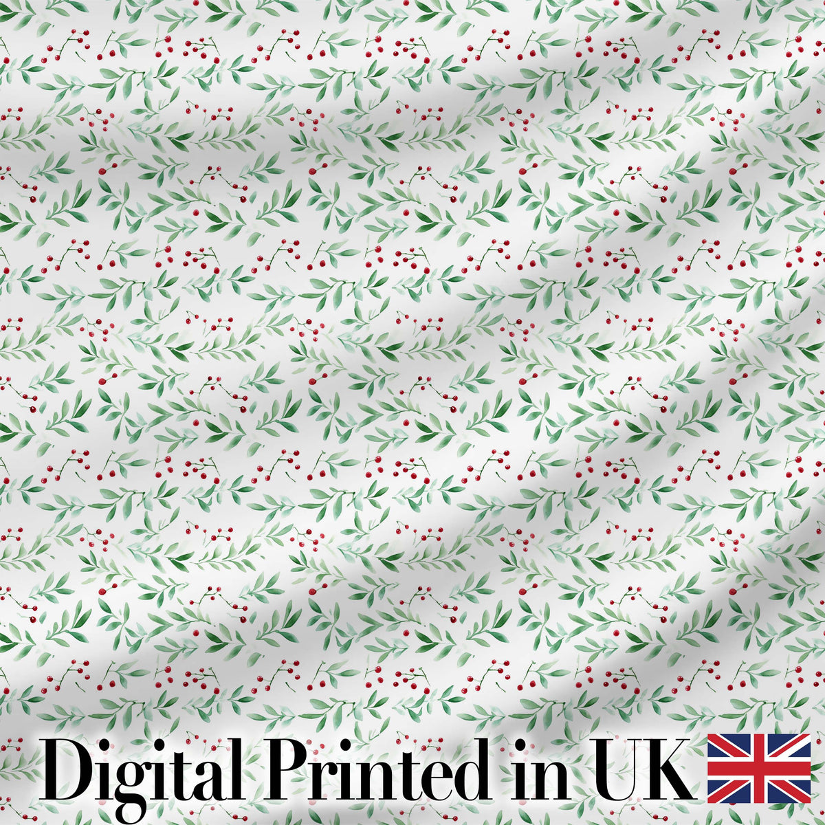 Watercolor Green Leaves and Red Berry Seamless Botanical Pattern Digital Print Fabric by the Metre UK Sewing Quilting Textile