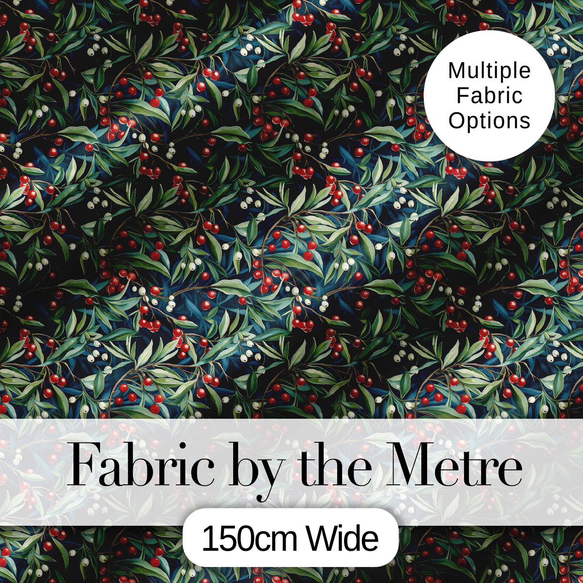 Vintage Dark Botanical Holly Leaves and Red Berries Dense Seamless Pattern Digital Print Fabric by the Metre UK Sewing Quilting Textile