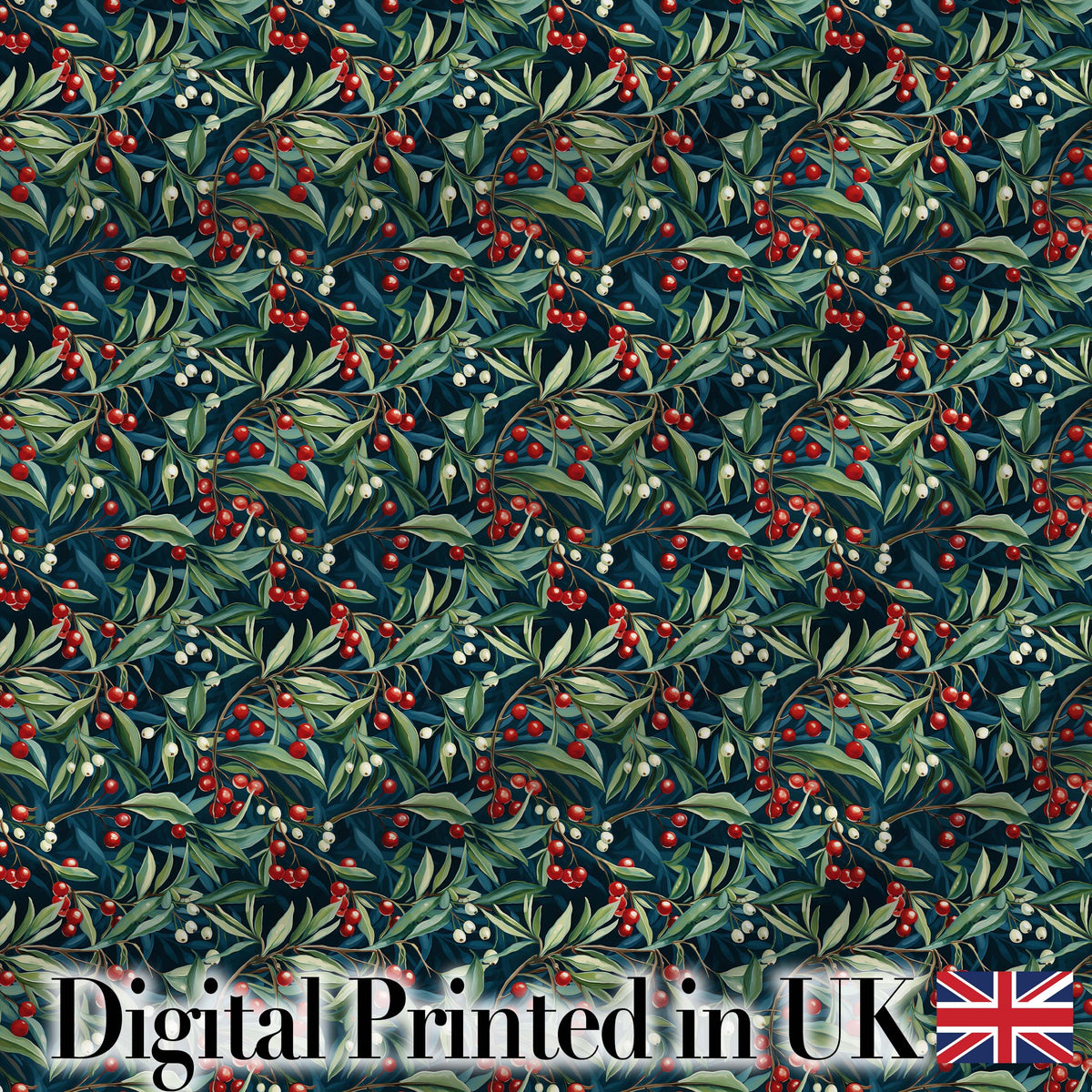 Vintage Dark Botanical Holly Leaves and Red Berries Dense Seamless Pattern Digital Print Fabric by the Metre UK Sewing Quilting Textile