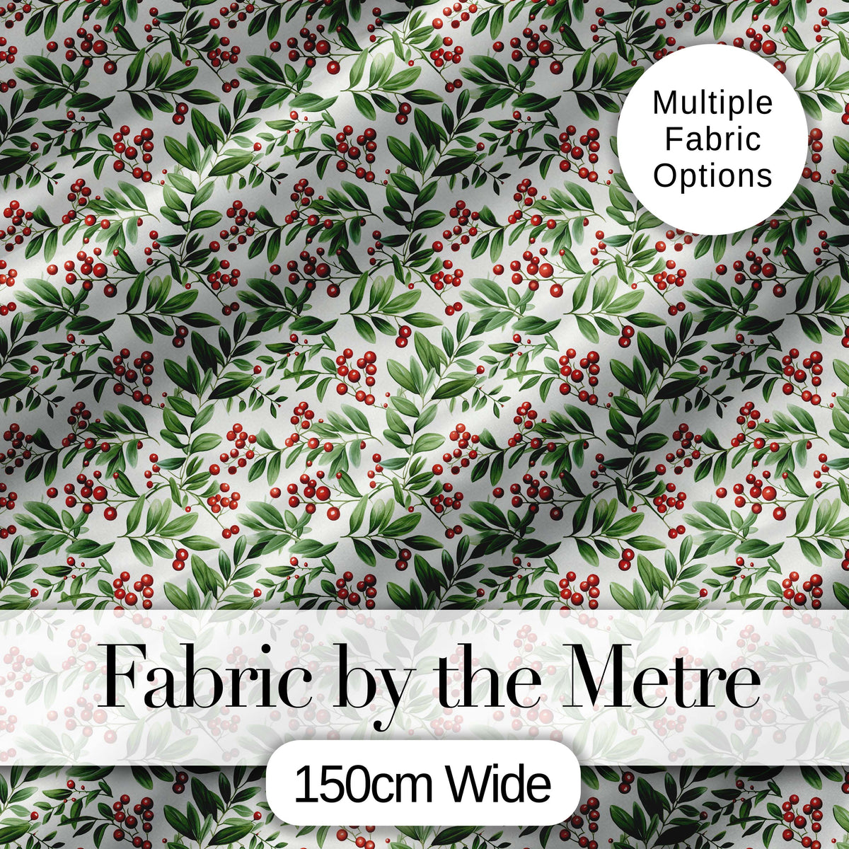 Delicate Green Leaves and Red Berries Minimal Botanical Seamless Pattern Digital Print Fabric by the Metre UK Sewing Quilting Textile