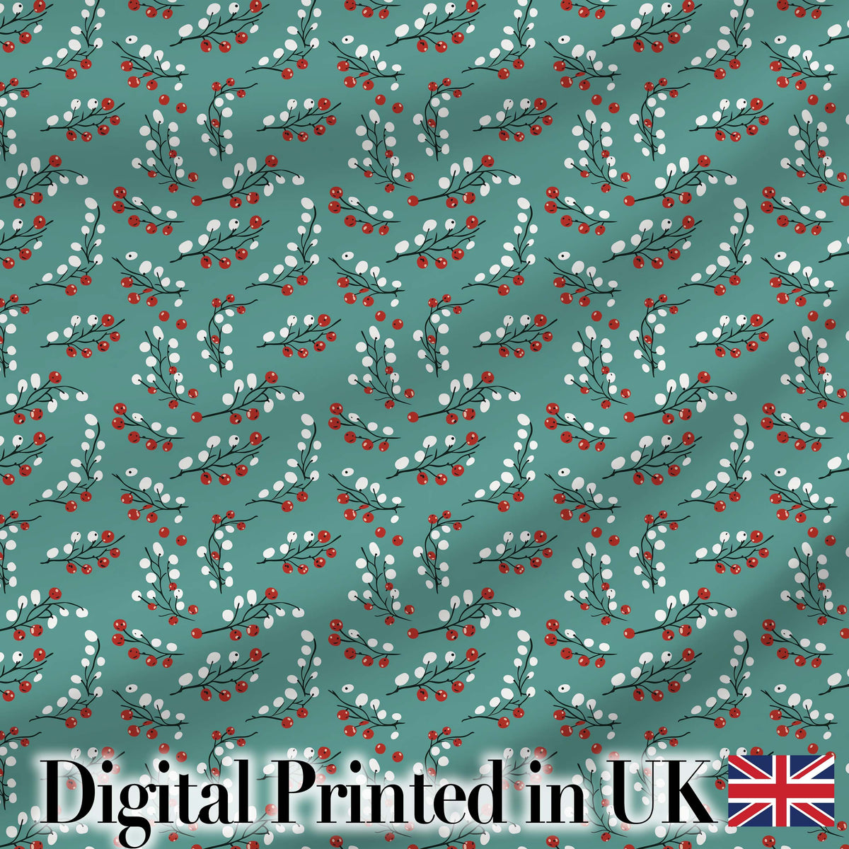Soft Blue Green Foliage with Red Berries Watercolor Seamless Pattern Digital Print Fabric by the Metre UK Sewing Quilting Textile