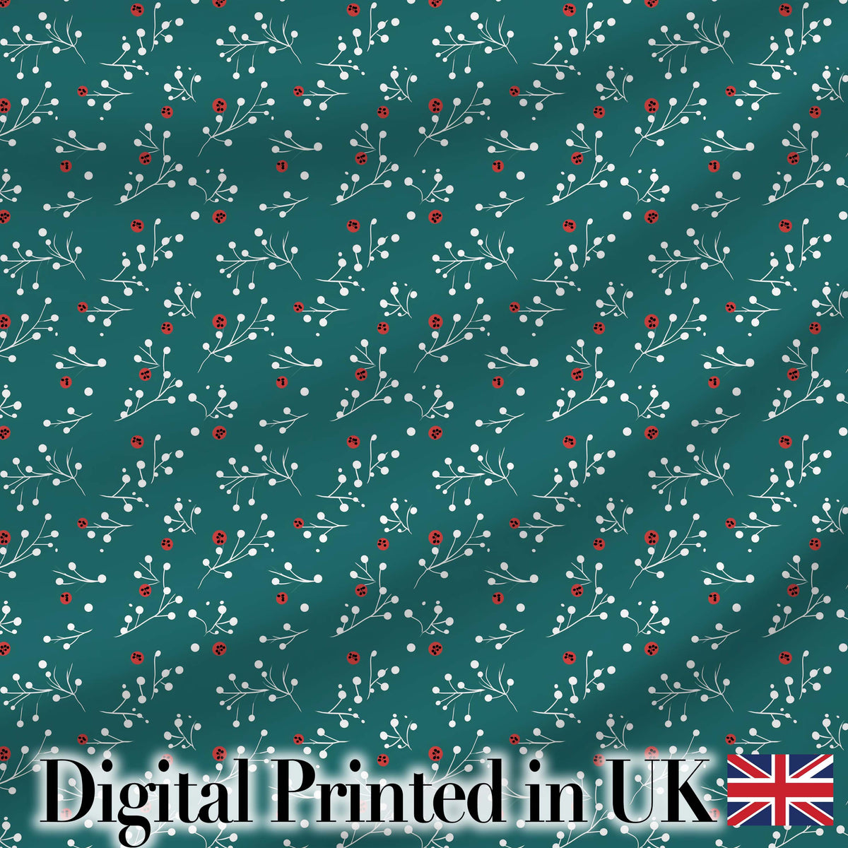 Modern Teal Background Red and White Berry Branch Pattern Digital Print Fabric by the Metre UK Sewing Quilting Textile