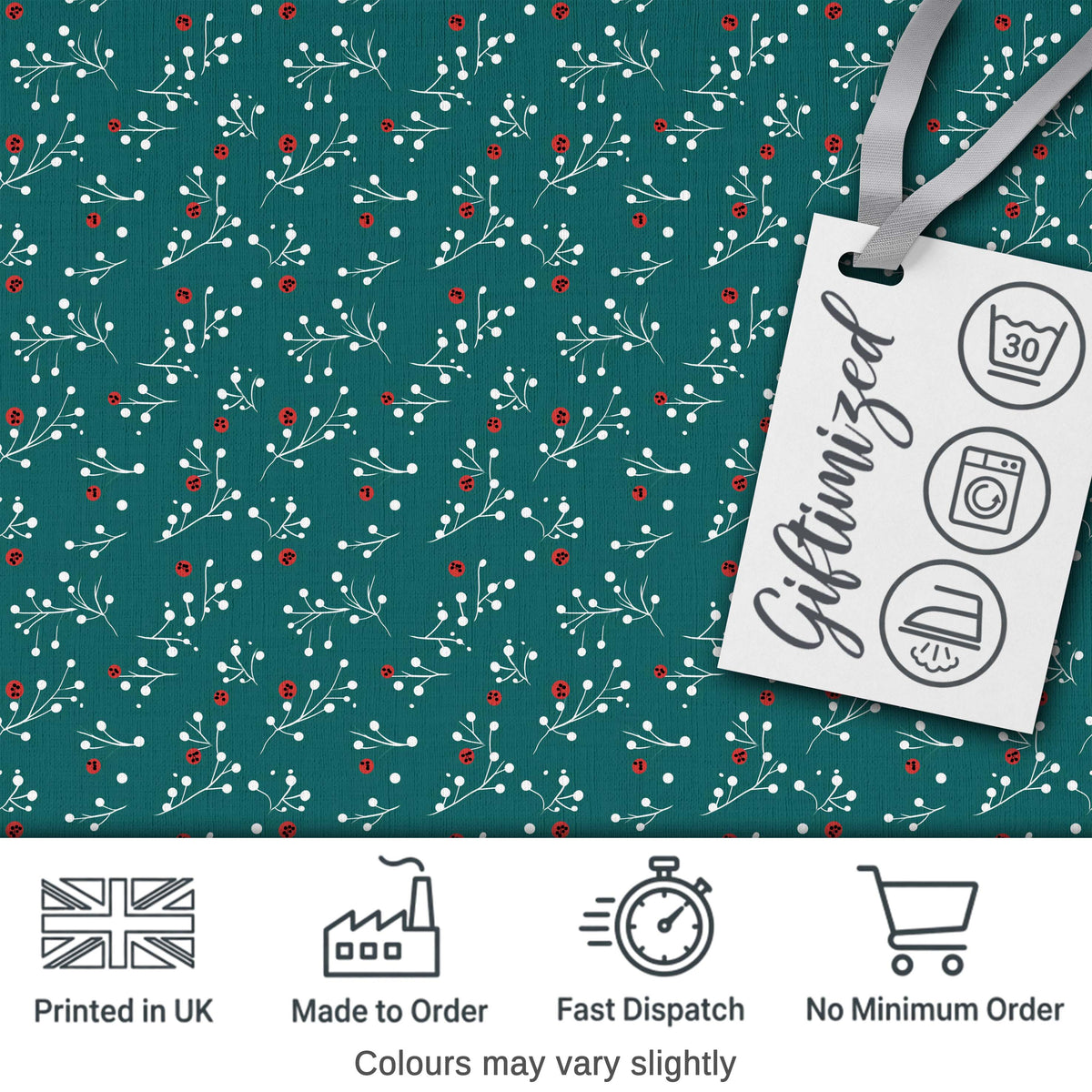 Modern Teal Background Red and White Berry Branch Pattern Digital Print Fabric by the Metre UK Sewing Quilting Textile