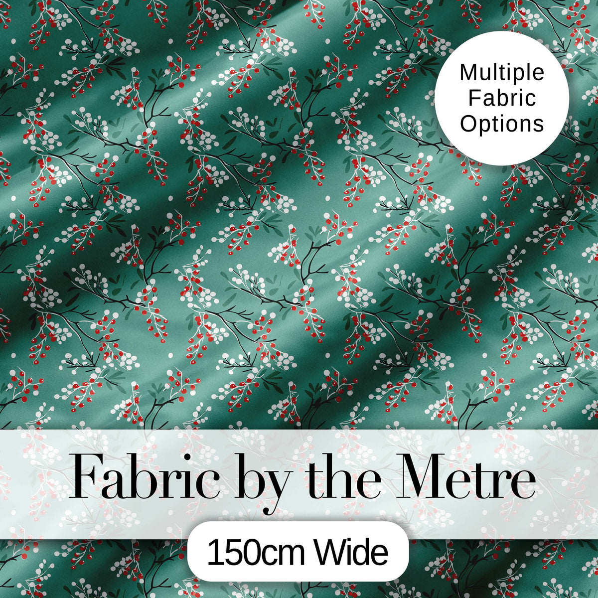 Festive Green Background Red and White Berry Branches Pattern Digital Print Fabric by the Metre UK Sewing Quilting Textile