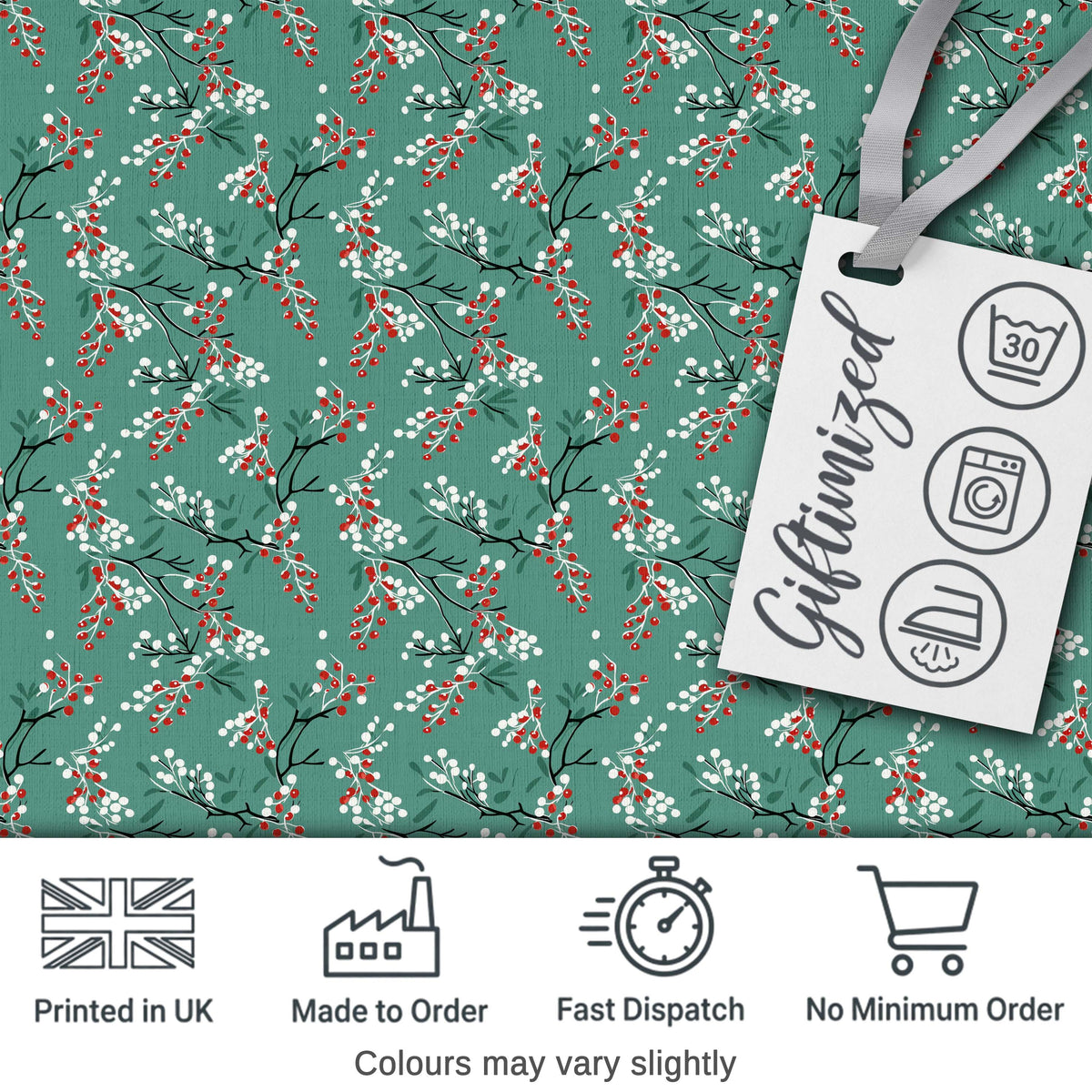 Festive Green Background Red and White Berry Branches Pattern Digital Print Fabric by the Metre UK Sewing Quilting Textile