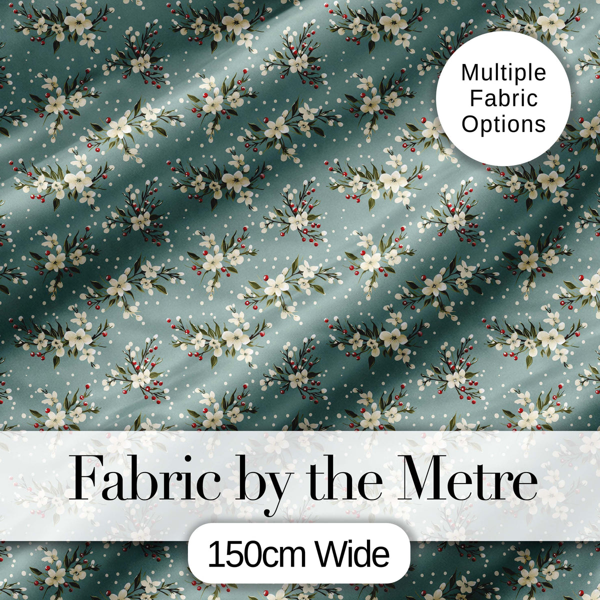 Soft Blue Floral and Berry Sprigs Seamless Pattern with Polka Dots Digital Print Fabric by the Metre UK Sewing Quilting Textile