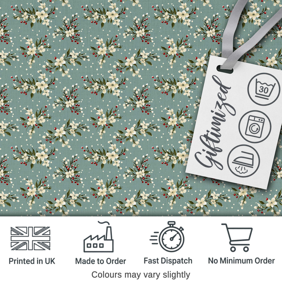 Soft Blue Floral and Berry Sprigs Seamless Pattern with Polka Dots Digital Print Fabric by the Metre UK Sewing Quilting Textile