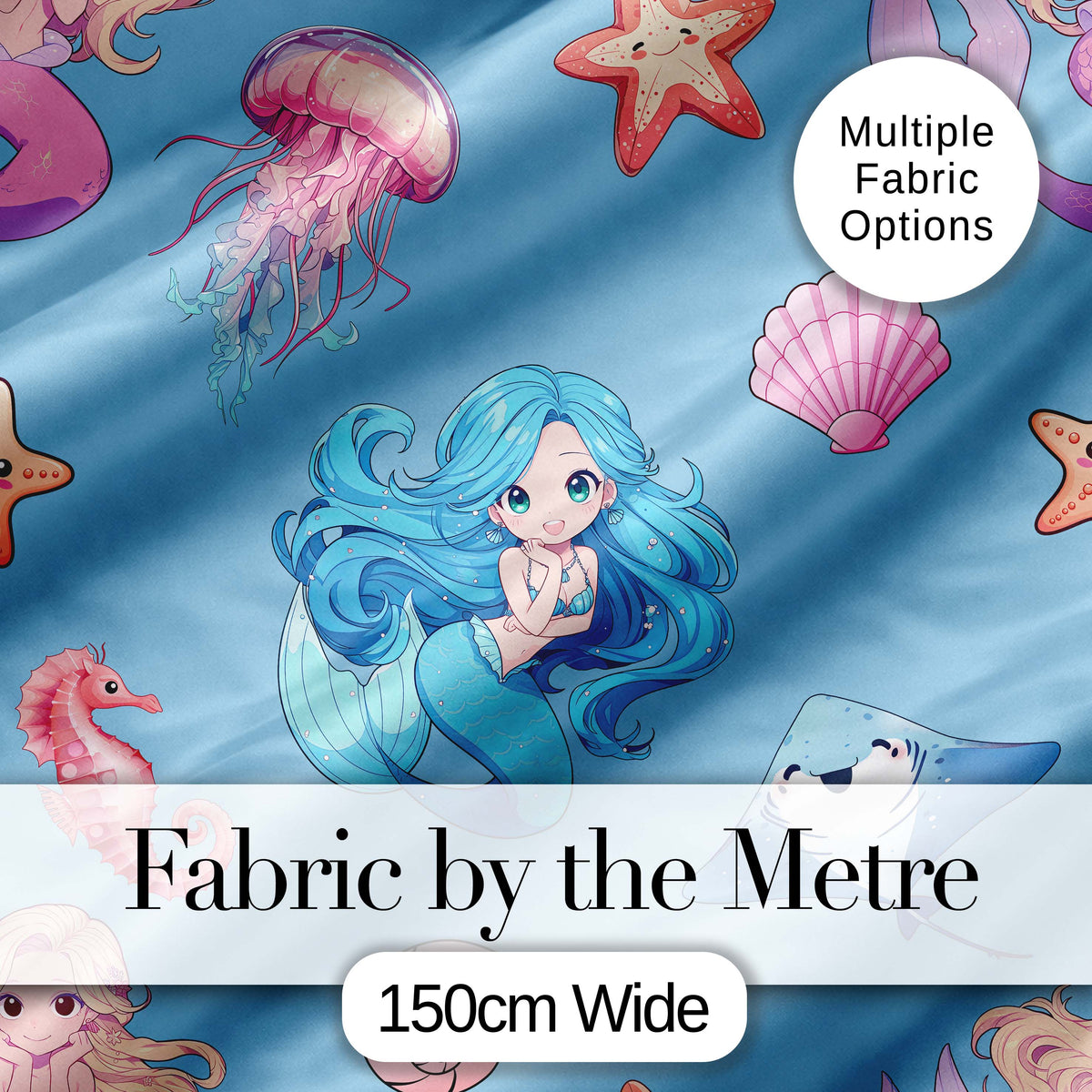 Cute Kawaii Mermaid Ocean Friends Jellyfish Starfish Blue Background Digital Print Fabric by the Metre UK Sewing Quilting Textile
