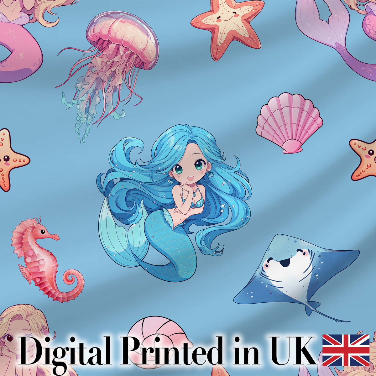 Cute Kawaii Mermaid Ocean Friends Jellyfish Starfish Blue Background Digital Print Fabric by the Metre UK Sewing Quilting Textile
