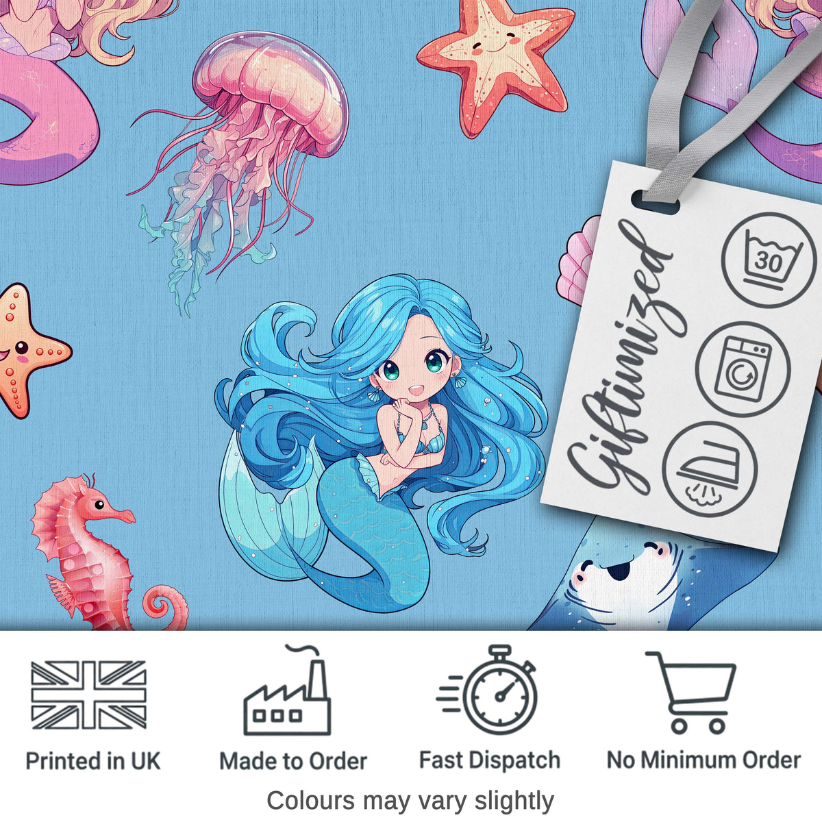Cute Kawaii Mermaid Ocean Friends Jellyfish Starfish Blue Background Digital Print Fabric by the Metre UK Sewing Quilting Textile