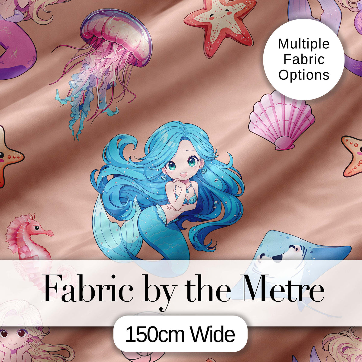 Cute Kawaii Mermaid Ocean Friends Jellyfish Starfish Peach Background Digital Print Fabric by the Metre UK Sewing Quilting Textile