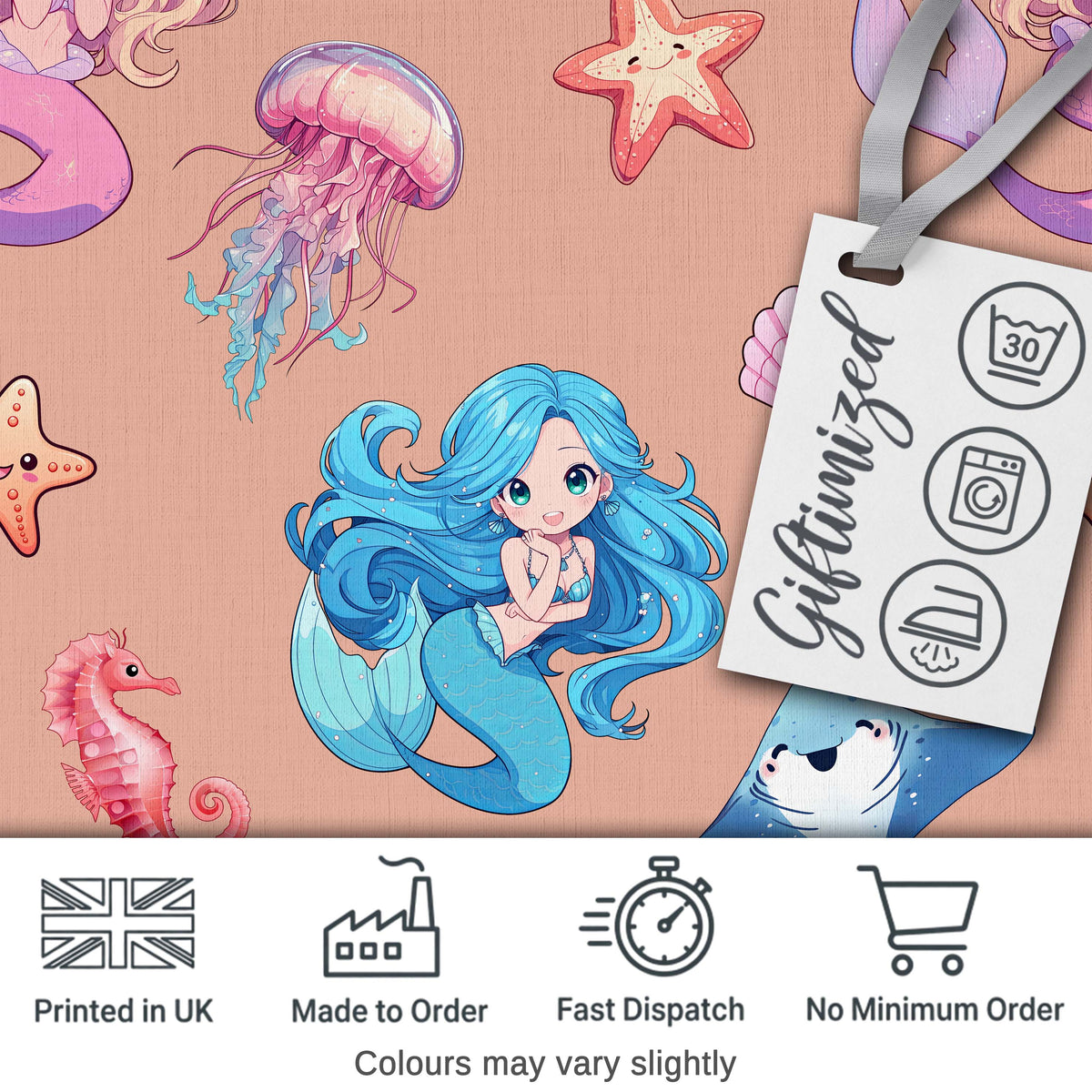 Cute Kawaii Mermaid Ocean Friends Jellyfish Starfish Peach Background Digital Print Fabric by the Metre UK Sewing Quilting Textile
