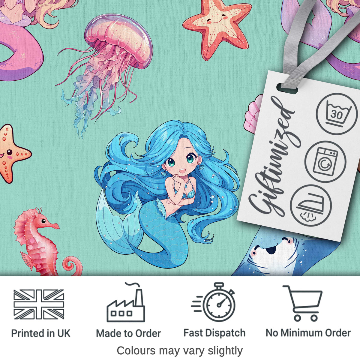 Mermaid Ocean Friends Jellyfish Starfish Mint Green Background Digital Print Fabric by the Metre UK Sewing Quilting Textile