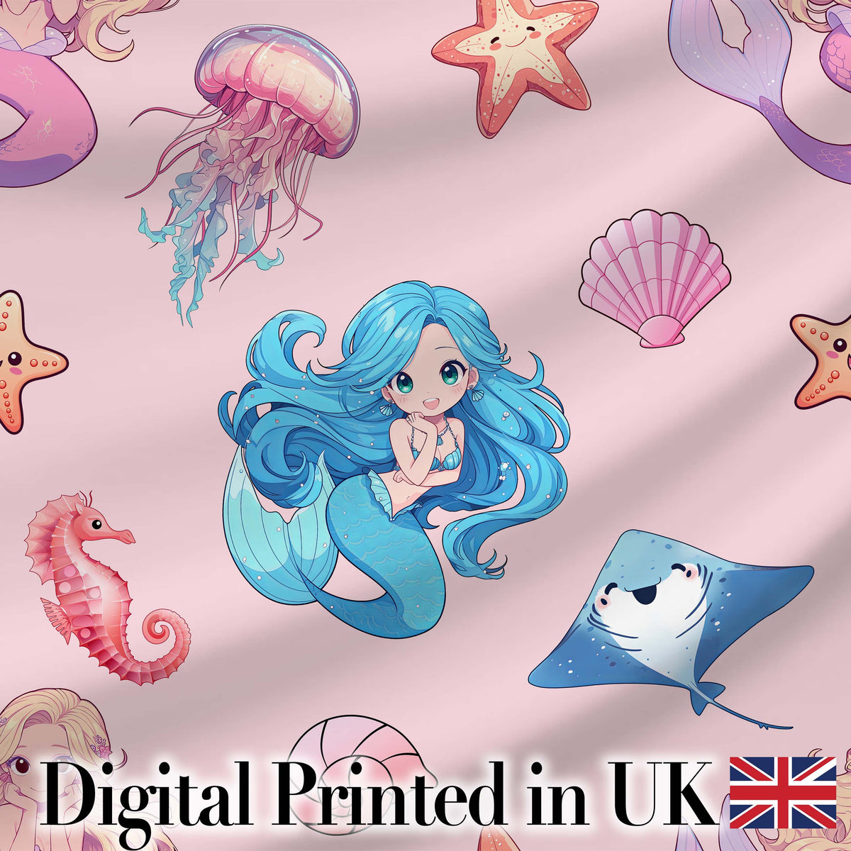 Mermaid Ocean Friends Jellyfish Starfish Blush Pink Background Digital Print Fabric by the Metre UK Sewing Quilting Textile
