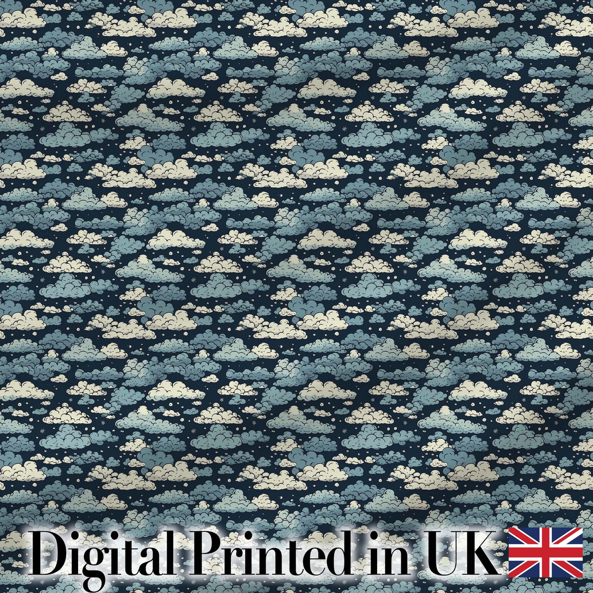 Vintage Style Cloud Pattern Night Sky Blue and Cream Seamless Design Digital Print Fabric by the Metre UK Sewing Quilting Textile