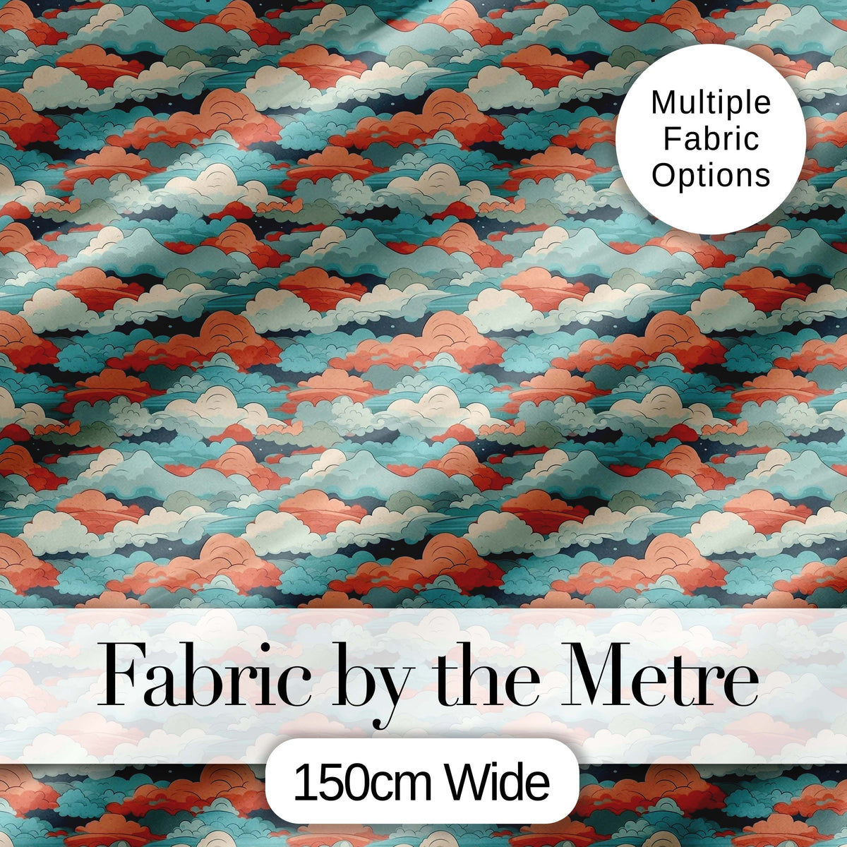 Retro Multicolour Cloud Pattern Teal Coral and Cream Seamless Design Digital Print Fabric by the Metre UK Sewing Quilting Textile