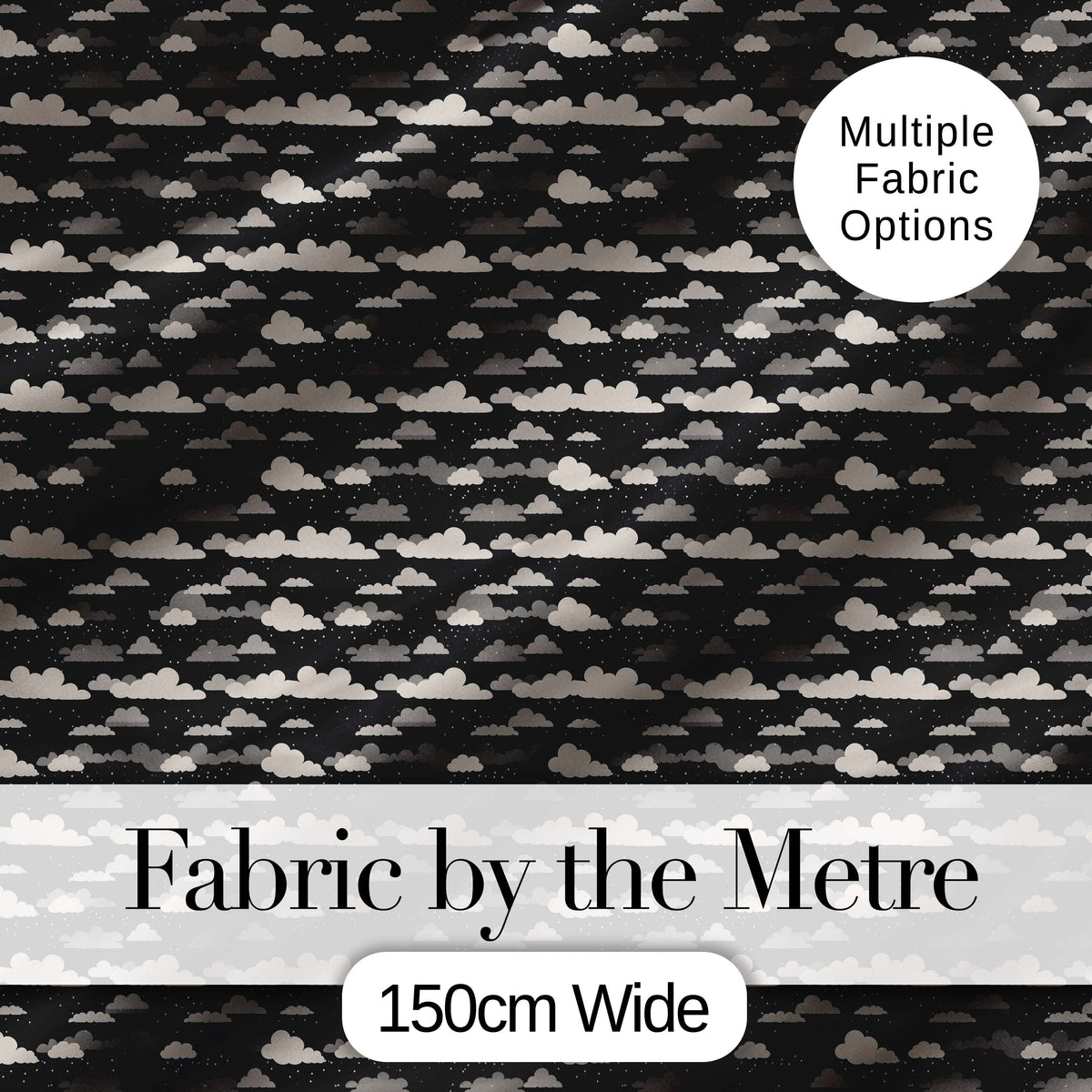 Minimal Cloud Pattern Black Night Sky Cream Clouds Seamless Design Digital Print Fabric by the Metre UK Sewing Quilting Textile