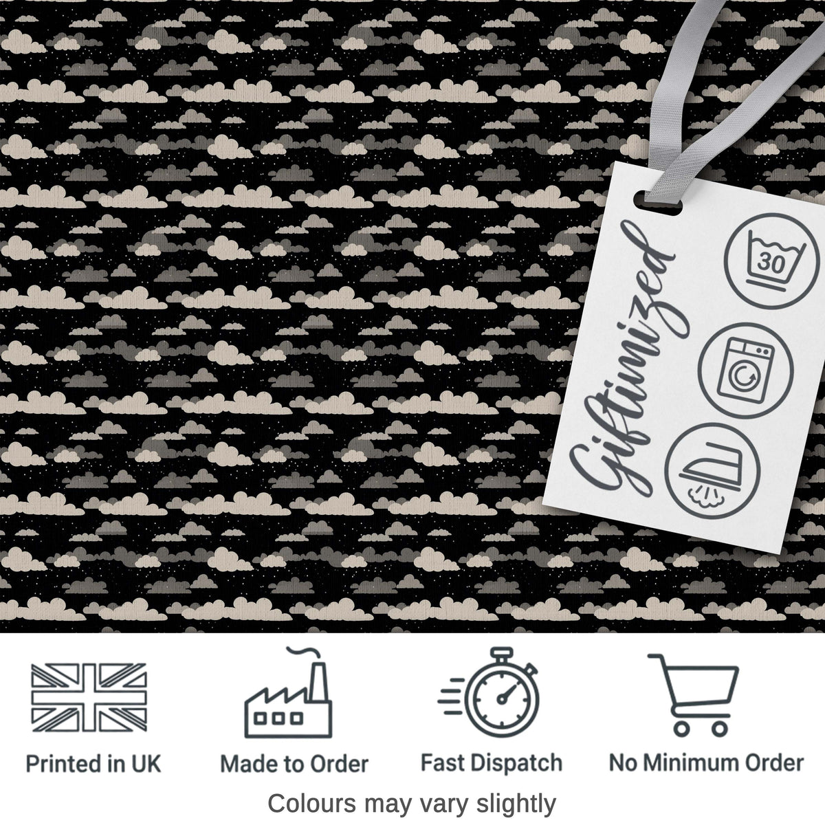 Minimal Cloud Pattern Black Night Sky Cream Clouds Seamless Design Digital Print Fabric by the Metre UK Sewing Quilting Textile