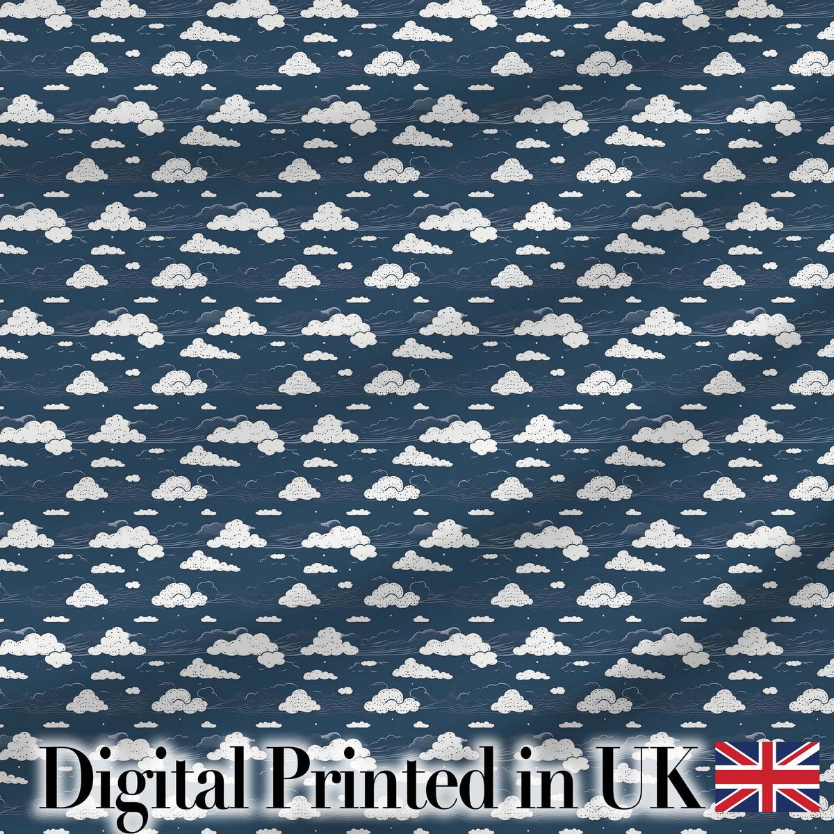 Artistic Sketch Cloud Pattern Navy Background Hand Drawn Style Seamless Design Digital Print Fabric by the Metre UK Sewing Quilting Textile
