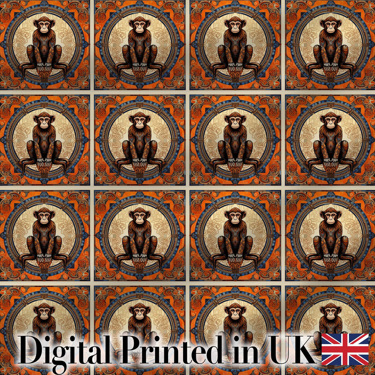 Decorative Art Nouveau Monkey Medallion Tile Pattern in Orange and Blue Digital Print Fabric by the Metre UK Sewing Quilting Textile