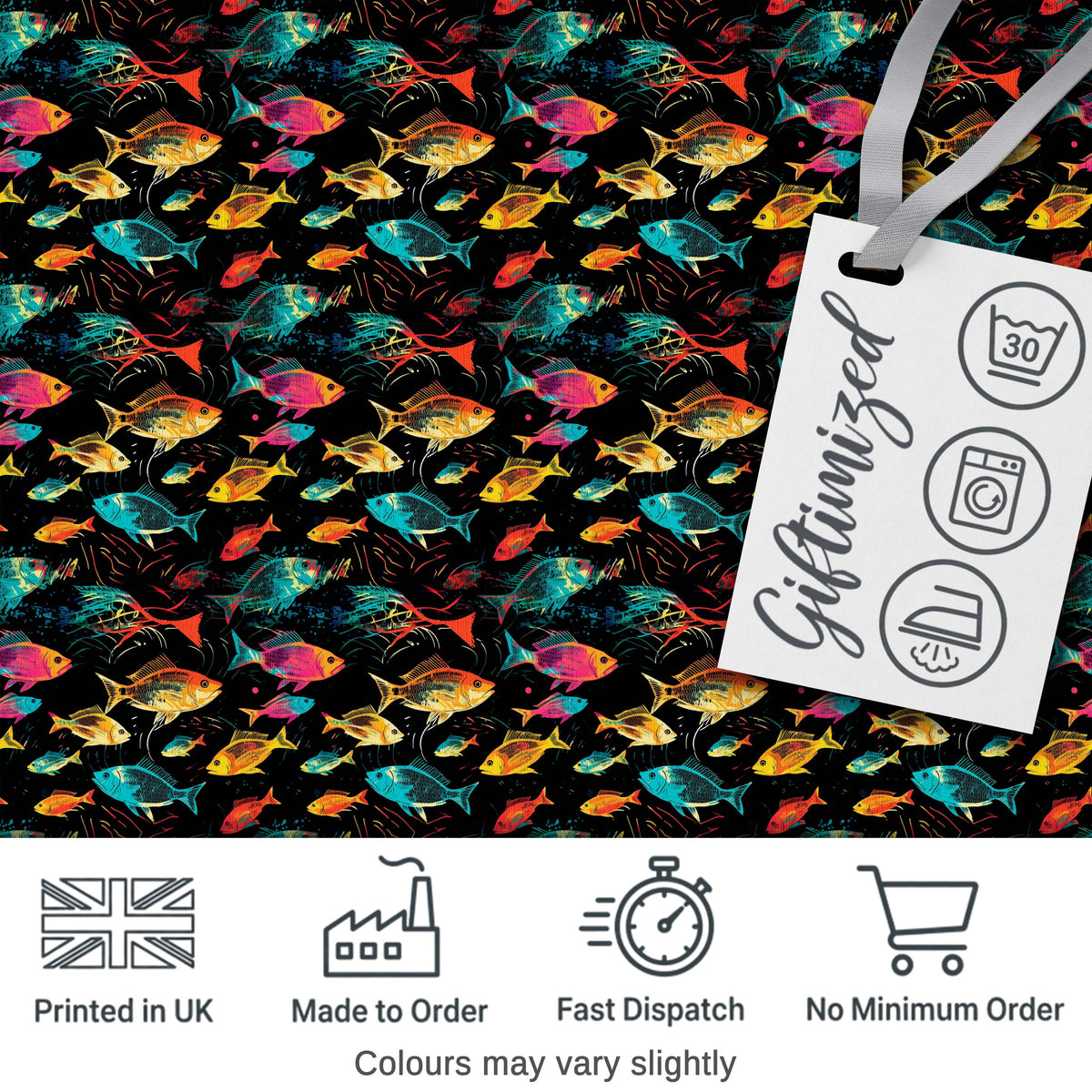 Bright Neon Tropical Fish Swim Pattern on Dark Ocean Background Digital Print Fabric by the Metre UK Sewing Quilting Textile