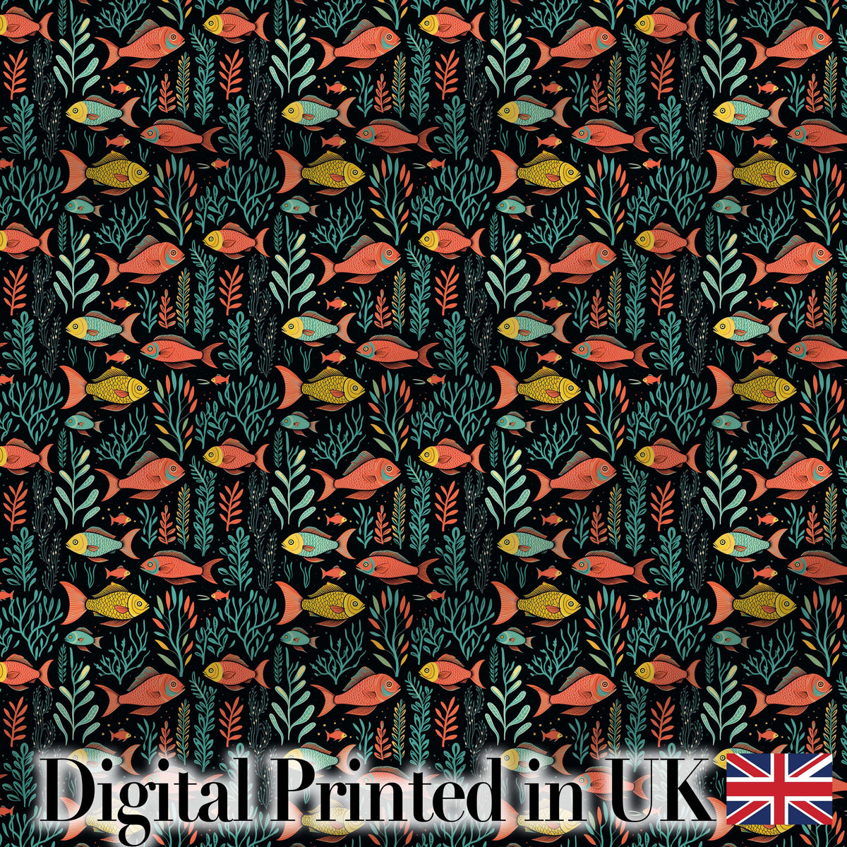 Elegant Flowing Goldfish with Ornate Fins on Black Background Digital Print Fabric by the Metre UK Sewing Quilting Textile
