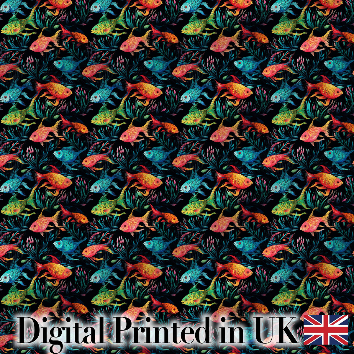 Vibrant Fish Underwater Scene on Dark Reef Background Digital Print Fabric by the Metre UK Sewing Quilting Textile
