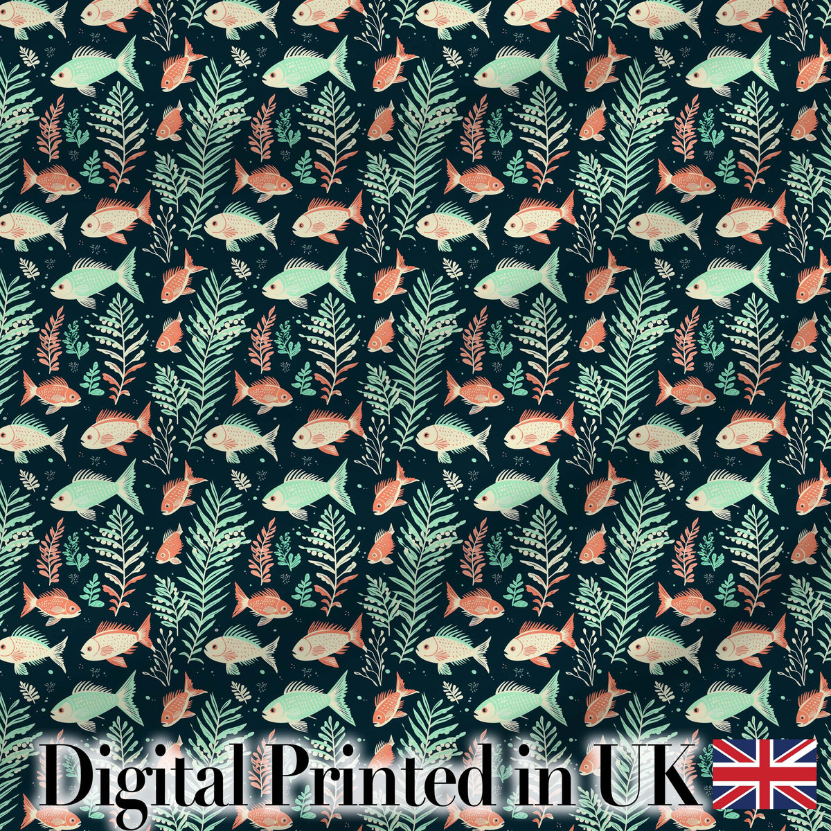 Cute Coral and Mint Fish with Seaweed Ocean Seamless Pattern Digital Print Fabric by the Metre UK Sewing Quilting Textile