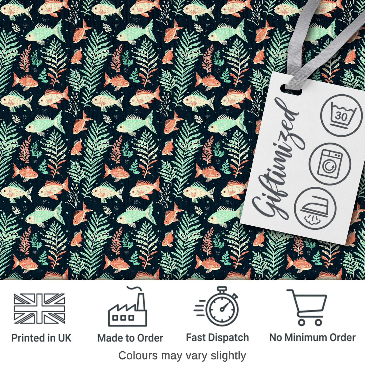 Cute Coral and Mint Fish with Seaweed Ocean Seamless Pattern Digital Print Fabric by the Metre UK Sewing Quilting Textile