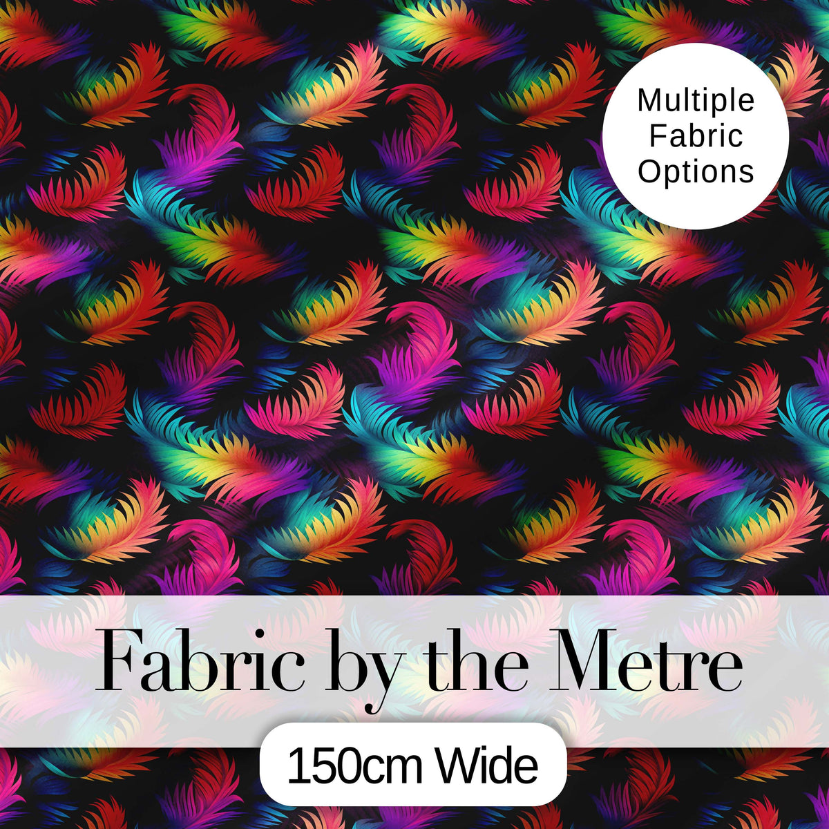Vibrant Rainbow Feather Pattern on Black Background Seamless Colorful Digital Print Fabric by the Metre UK Sewing Quilting Textile