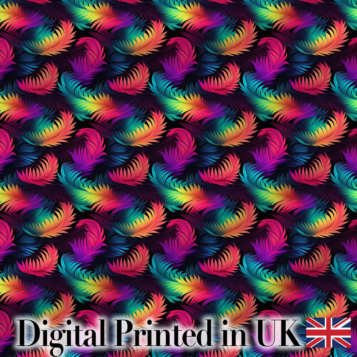 Vibrant Rainbow Feather Pattern on Black Background Seamless Colorful Digital Print Fabric by the Metre UK Sewing Quilting Textile