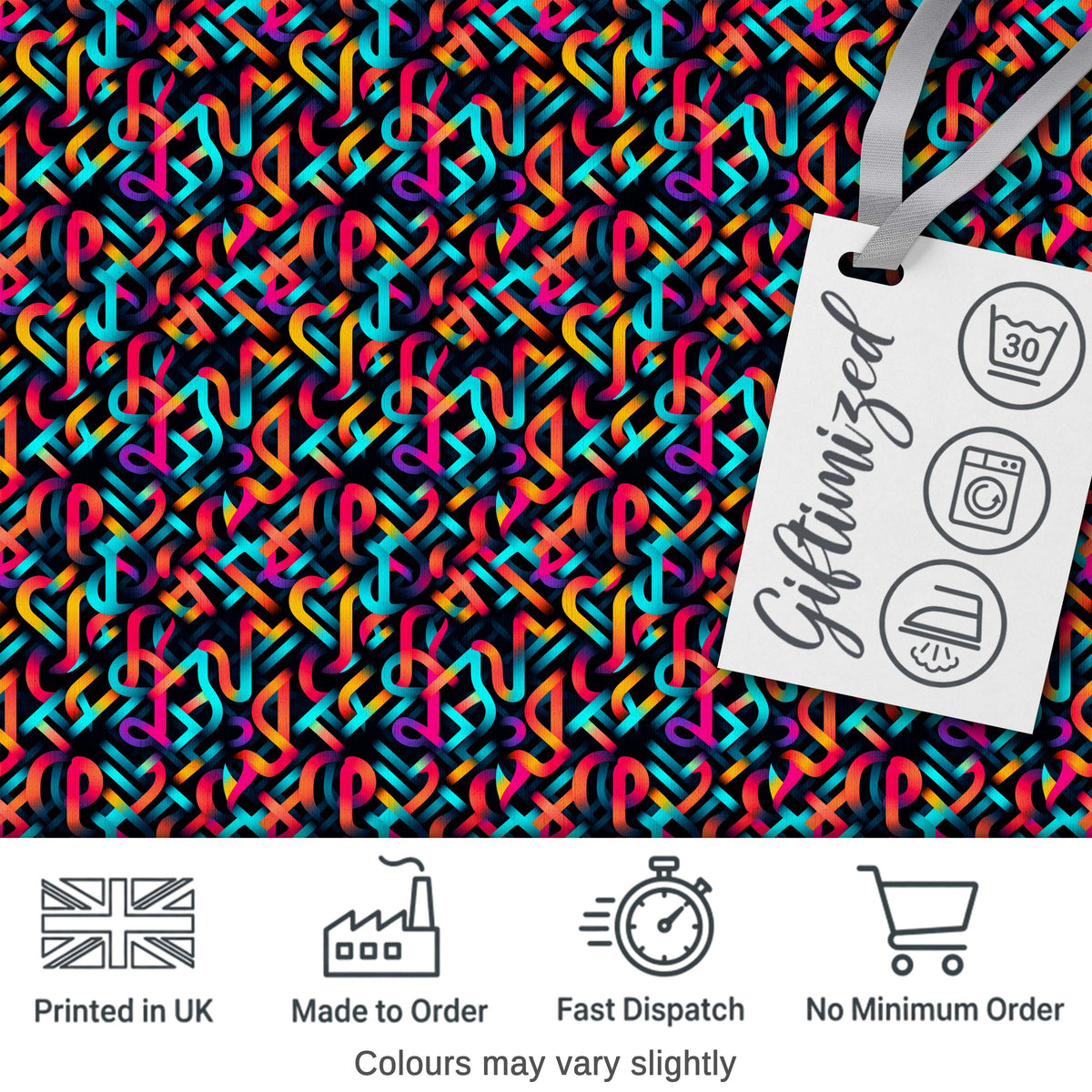 Geometric Neon Interlocking Shapes Pattern on Dark Background Seamless Digital Print Fabric by the Metre UK Sewing Quilting Textile