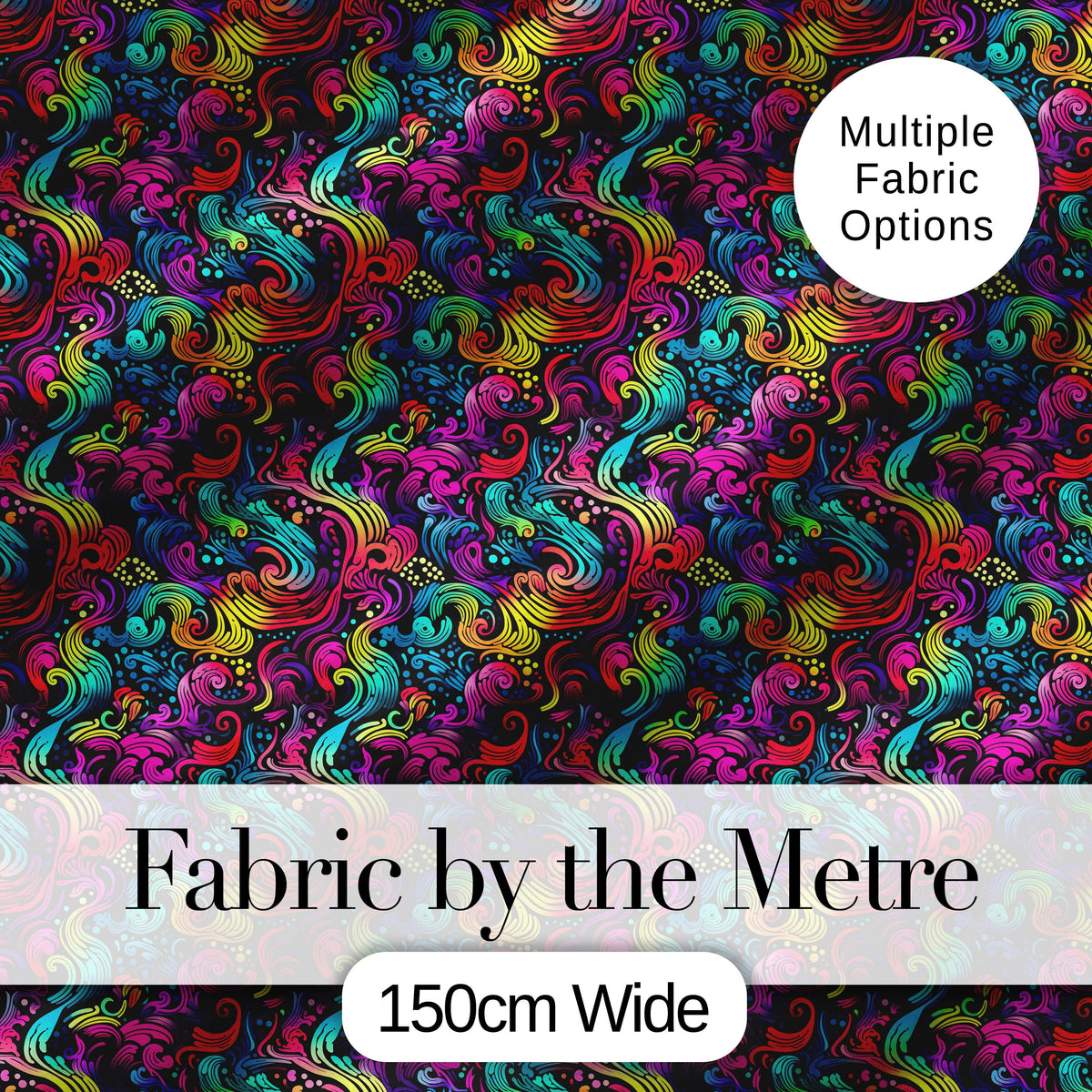 Psychedelic Rainbow Wave Swirl Pattern on Black Background Seamless Digital Print Fabric by the Metre UK Sewing Quilting Textile