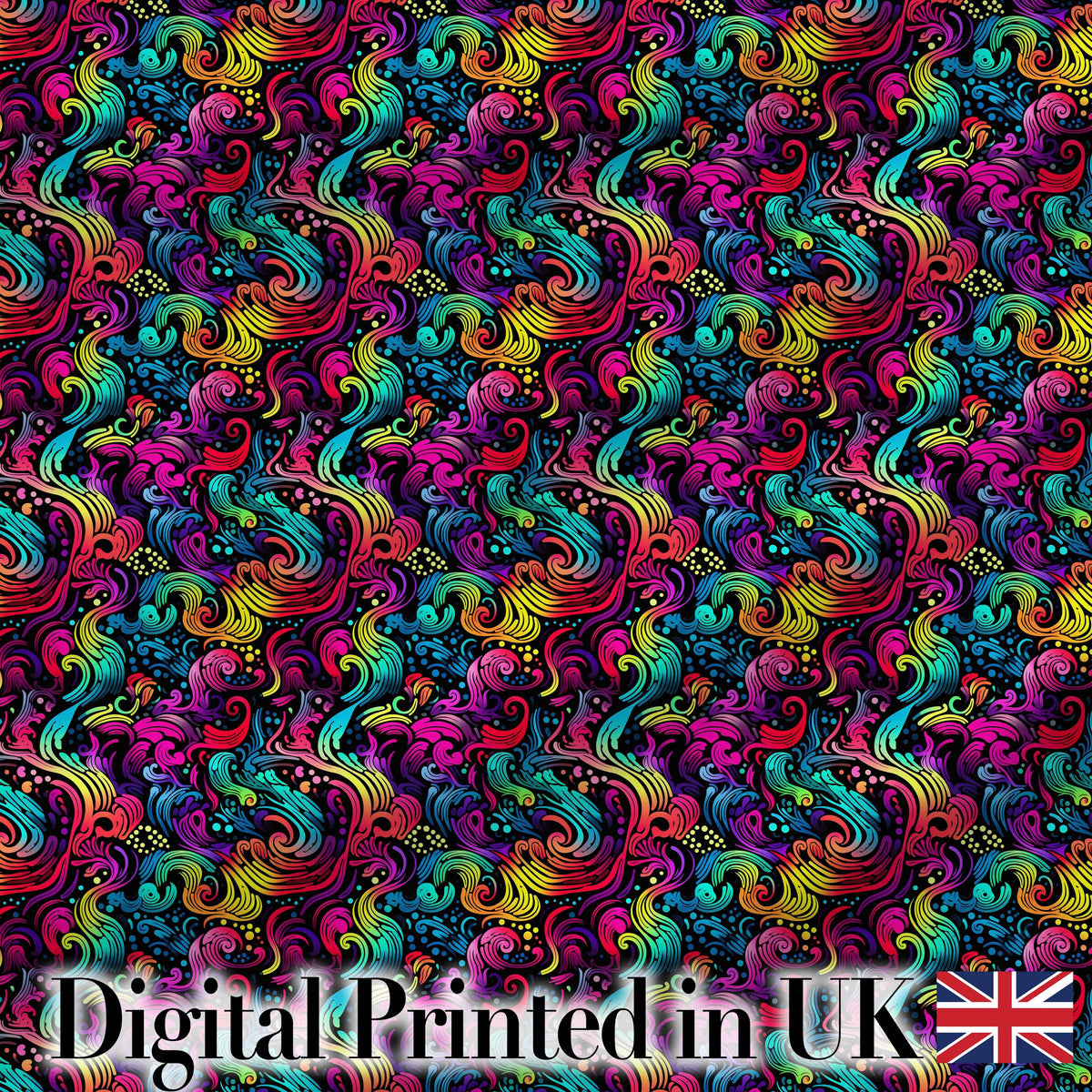 Psychedelic Rainbow Wave Swirl Pattern on Black Background Seamless Digital Print Fabric by the Metre UK Sewing Quilting Textile