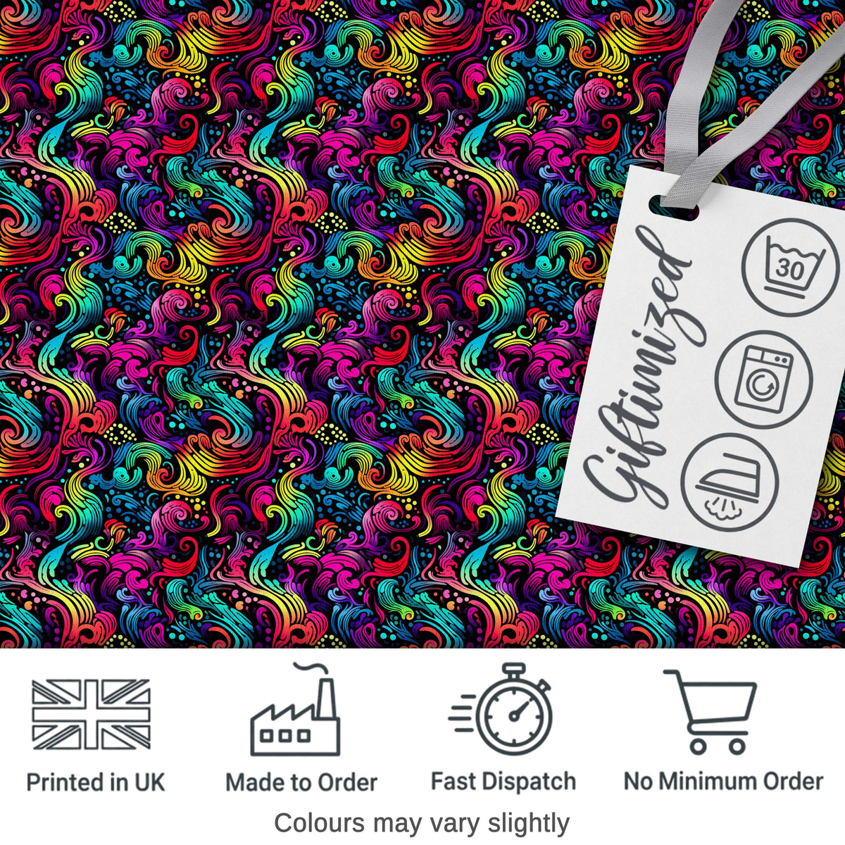 Psychedelic Rainbow Wave Swirl Pattern on Black Background Seamless Digital Print Fabric by the Metre UK Sewing Quilting Textile