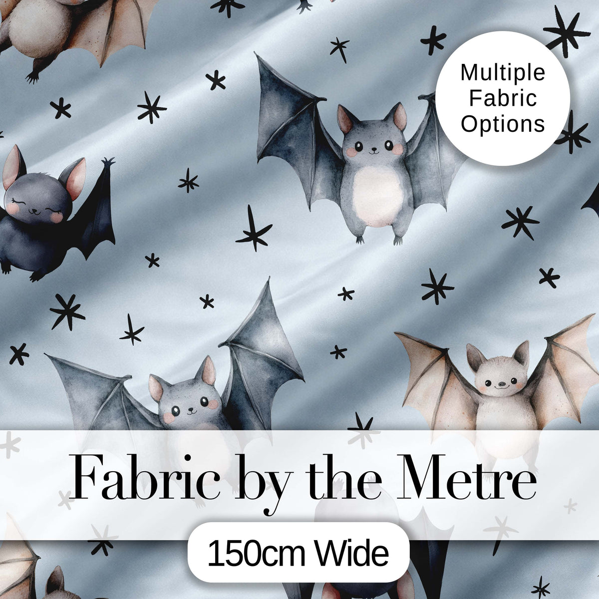 Cute Watercolor Bats and Stars Seamless Pattern Soft Blue Background Digital Print Fabric by the Metre UK Sewing Quilting Textile