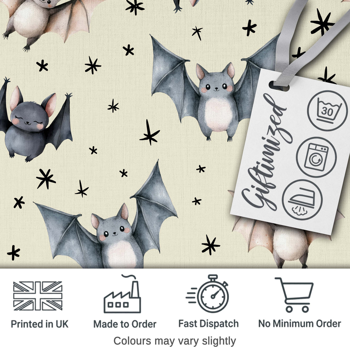 Cute Watercolor Bats and Stars Seamless Pattern Beige Background Digital Print Fabric by the Metre UK Sewing Quilting Textile